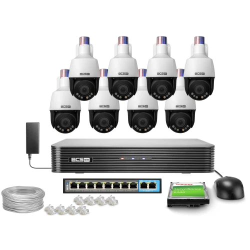 Zestaw monitoringu składający się z ośmiu kamer, rejestratora, dysku twardego, przełącznika sieciowego, kabla, wtyków RJ45 oraz myszki. Kamery są białe z czarnymi elementami, a rejestrator ma prostokątny kształt z kilkoma diodami na przednim panelu.